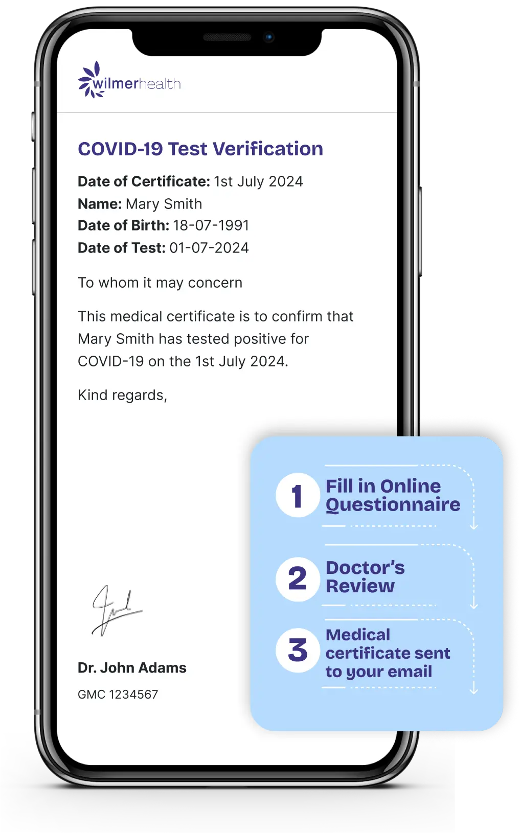 A COVID-19 test result verification certificate displayed on a mobile phone, and issued by a doctor at Wilmer Health.