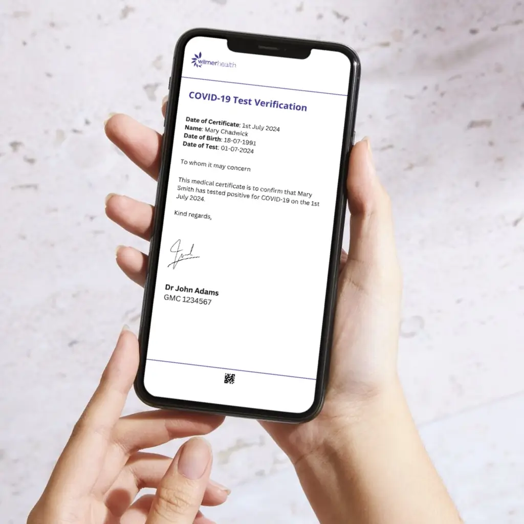 A mobile phone displaying a covid-19 test result verification certificate from Wilmer Health.