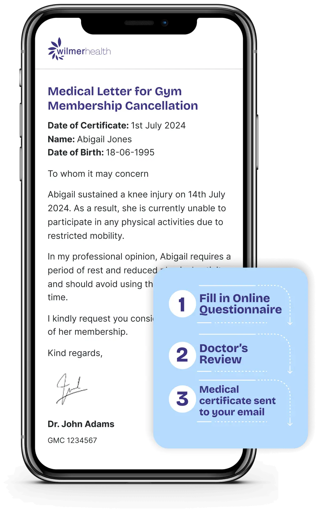 Doctor’s note for gym membership cancellation displayed on an iPhone, provided by Wilmer Health, including medical justification for cancellation or freezing requests.