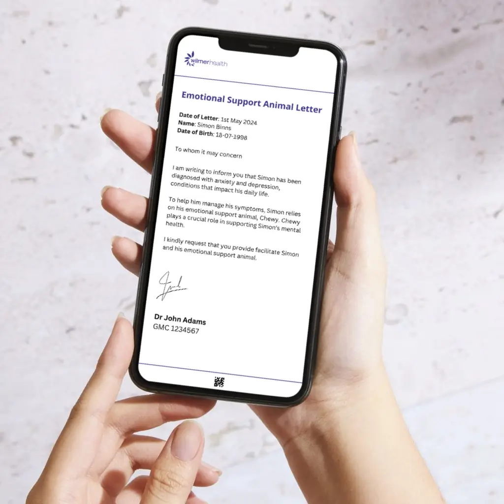 Mockup of Wilmer Health's official ESA letter displayed on an iPhone, held in someone's hands, highlighting the ease of accessing the letter online.