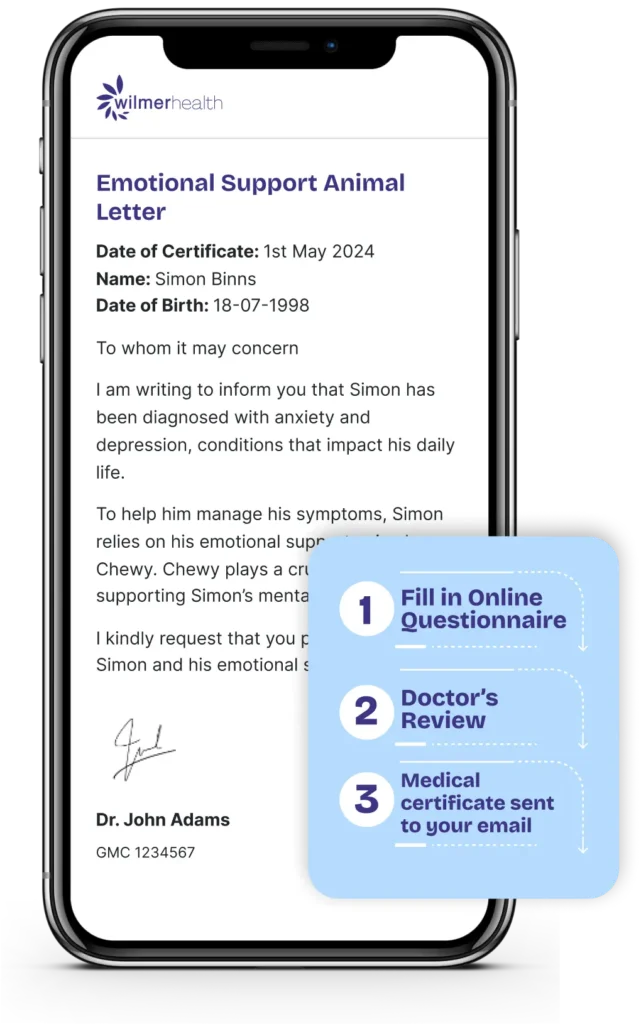 A mockup of a mobile phone displaying an emotional support animal letter from Wilmer Health. The letter is signed by a UK, GMC-registered doctor.