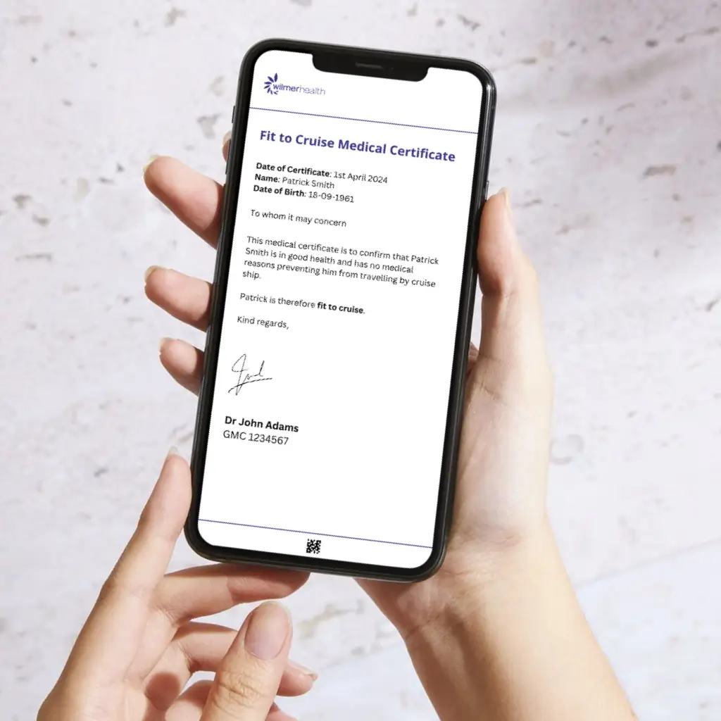 A mobile phone displaying a Fit to Cruise medical certificate issued by Wilmer Health, a same-day online medical certificate service that provides certificates in the UK and worldwide.