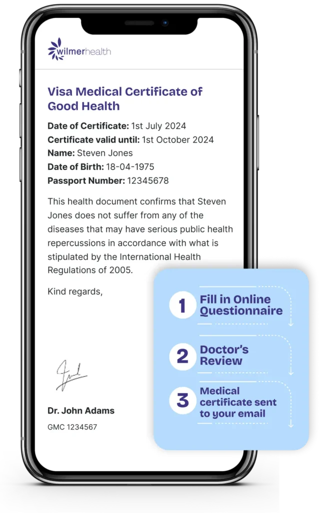 A mockup of a mobile phone showing a visa medical certificate of good health for spain, issued by Wilmer Health in the UK.