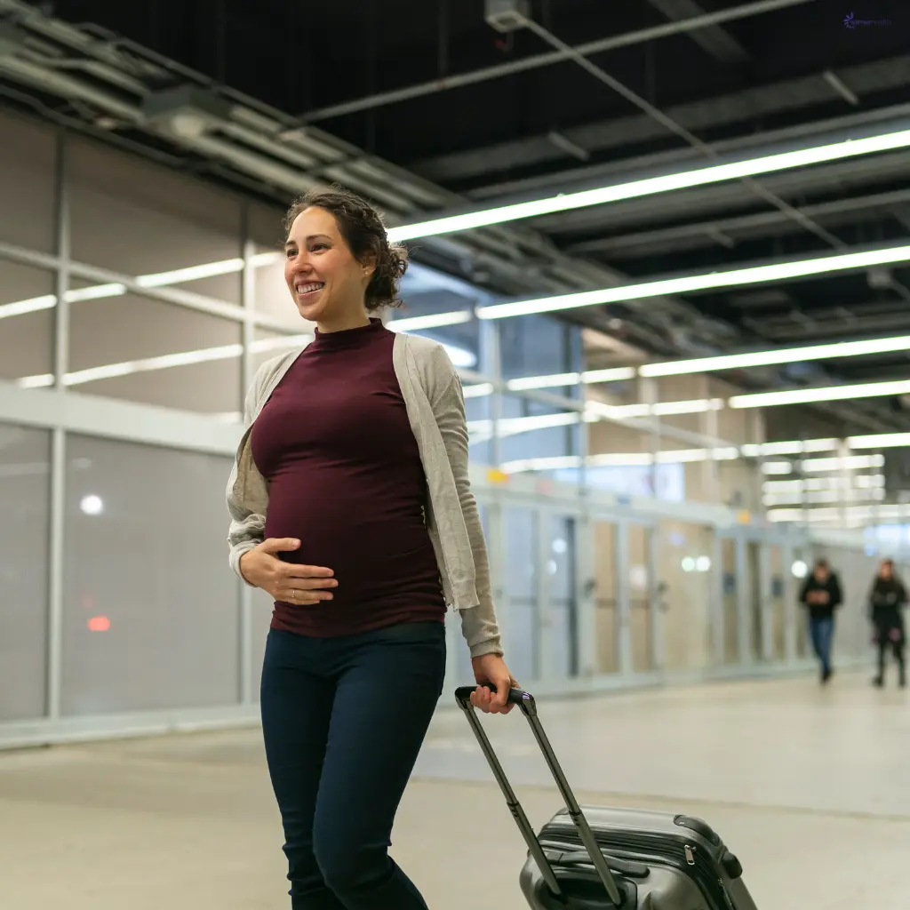 A pregnant woman walking through an airport with her luggage.