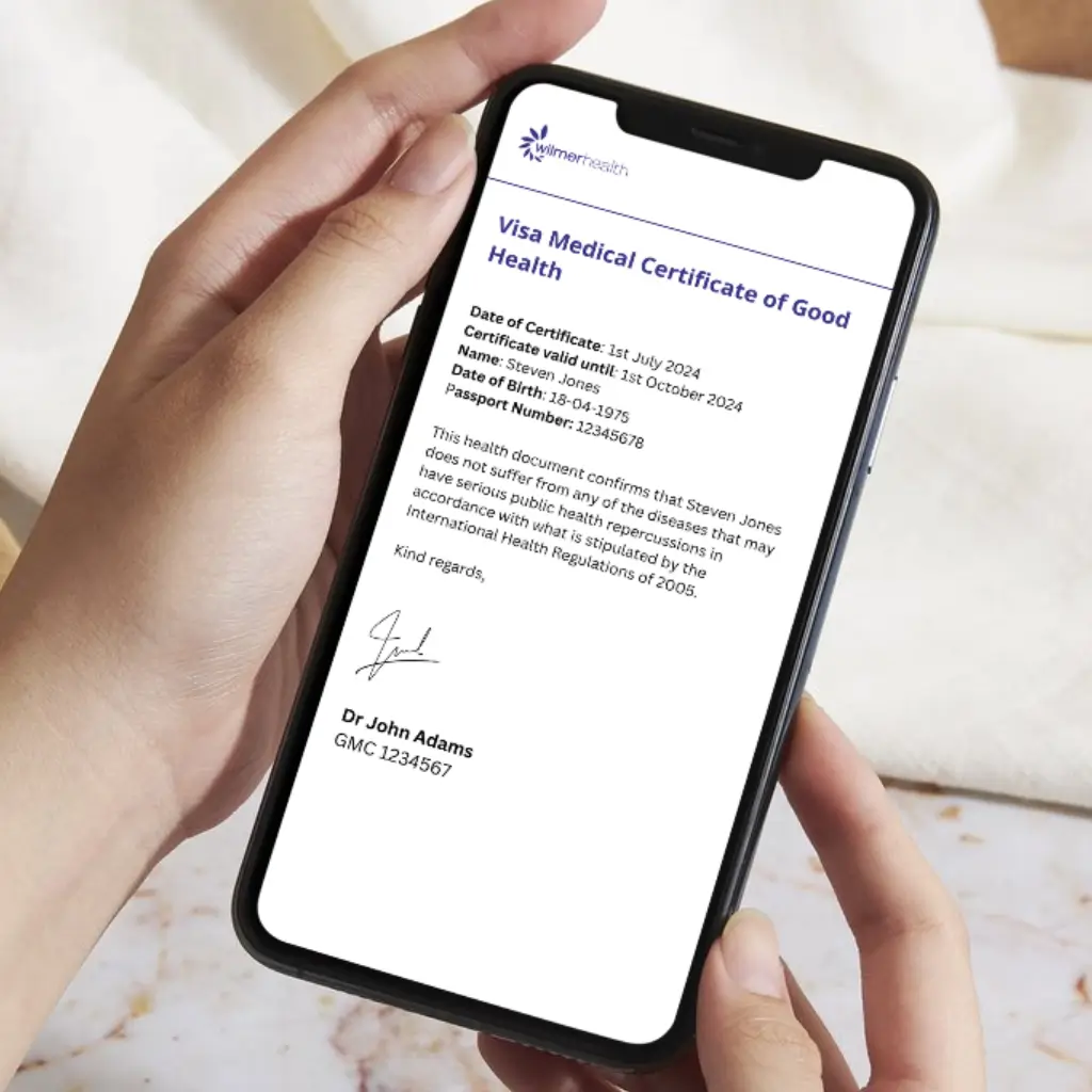 A visa medical certificate of good health for South Africa displayed on a mobile phone screen.