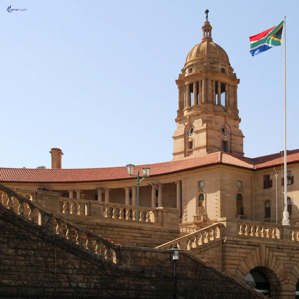 The flag of South Africa waving in the sky, with an official looking building in the background.