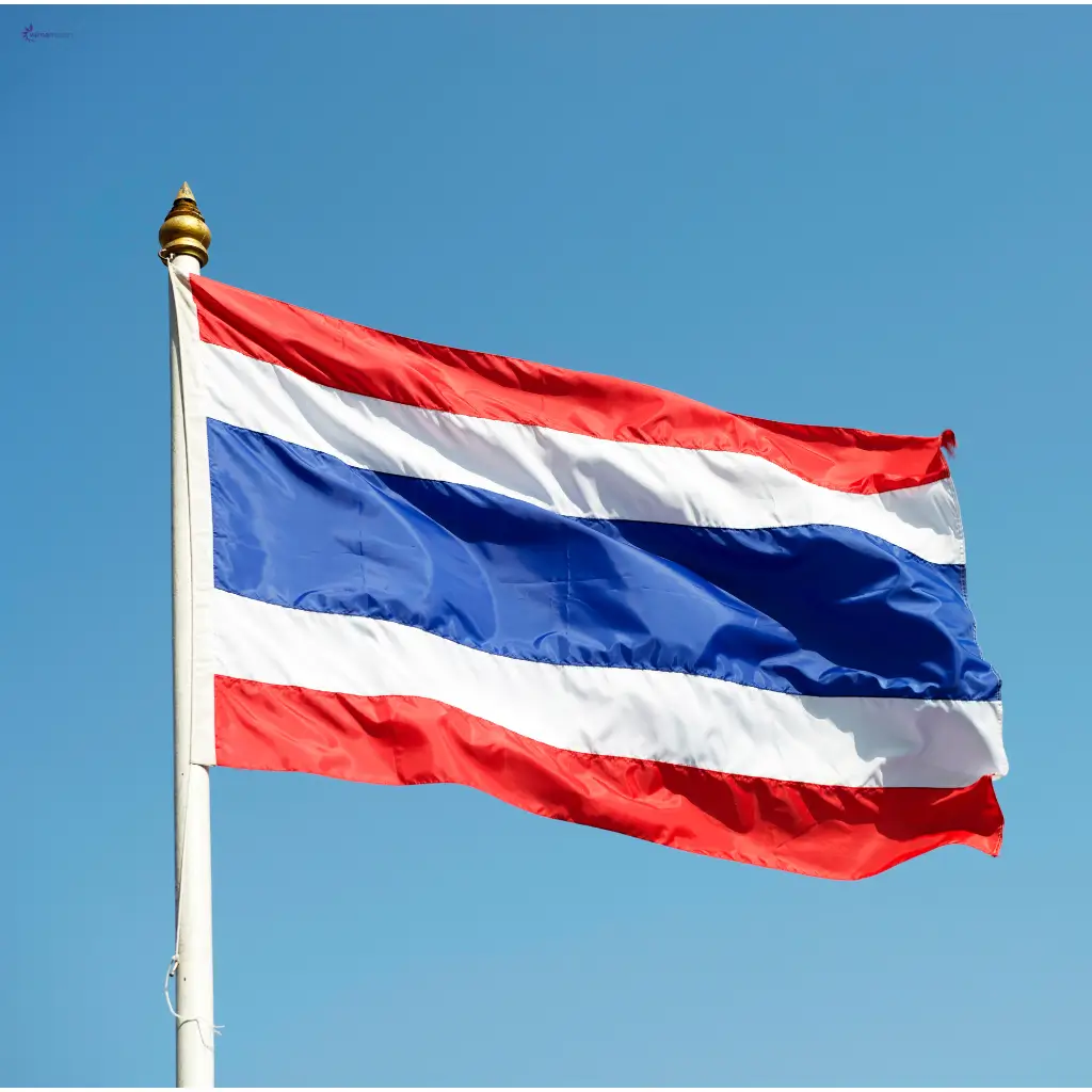 The Thai flag waving in the sky.