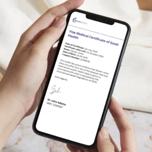 A Spanish visa medical certificate of good health displayed on a mobile phone screen, suitable for Spanish Student Visas and Non Lucrative Visas.