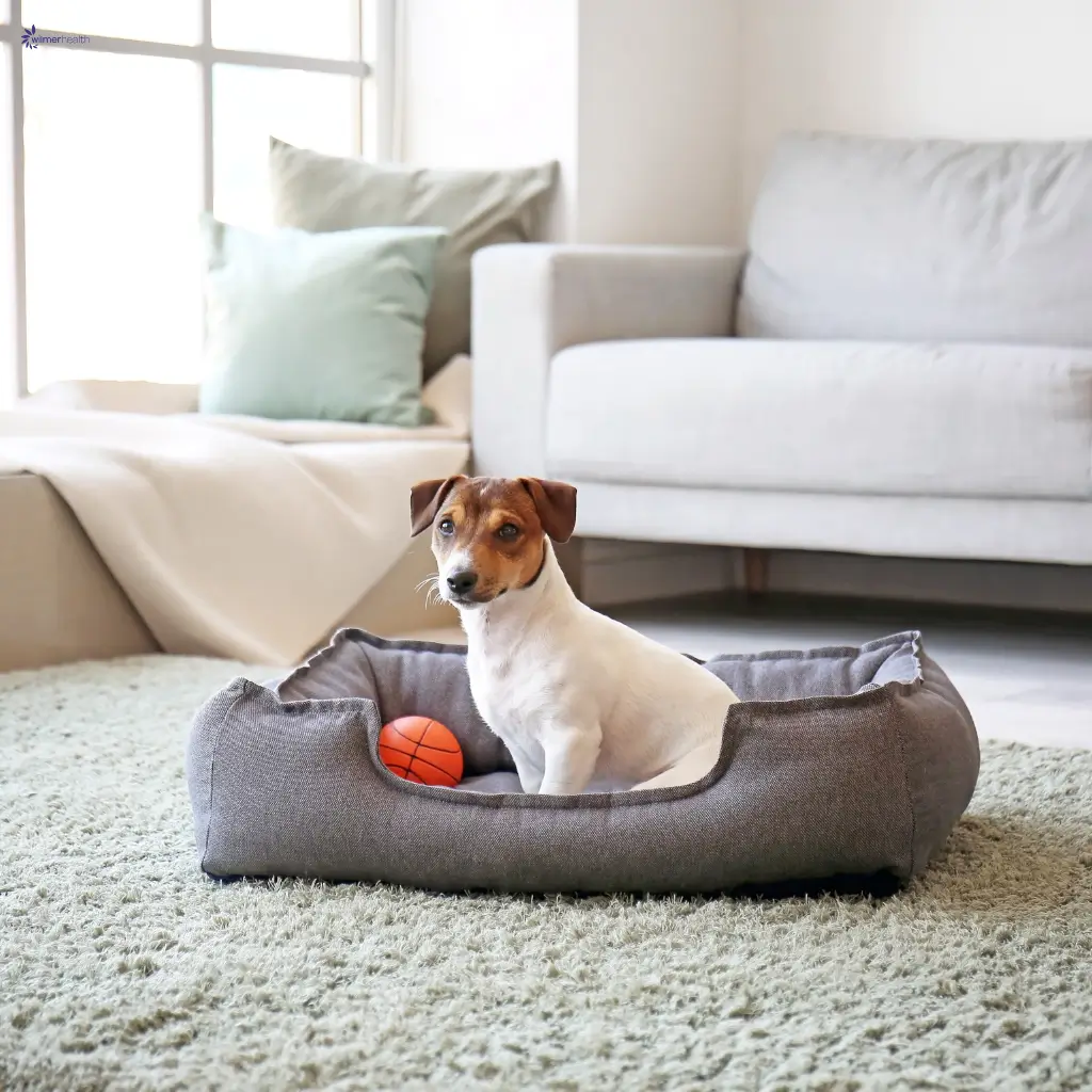 A picture of an emotional support dog sitting in a basket in a living room, in the context of Wilmer Health's medical letter service.