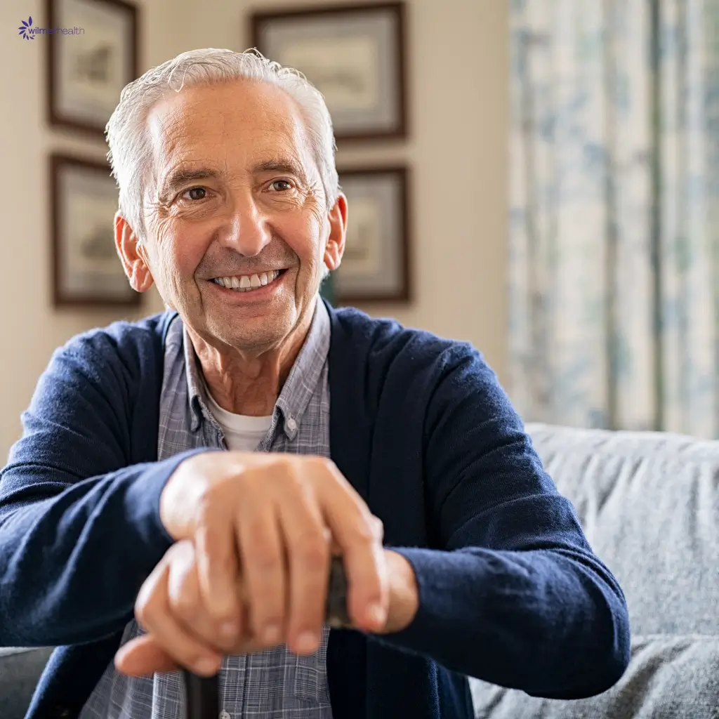 Smiling elderly man, representing individuals over 60 who may qualify for a yellow fever vaccine exemption certificate from Wilmer Health, as the vaccine is generally not recommended for this age group.