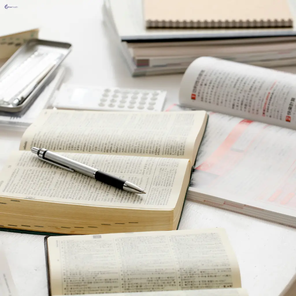 A picture of some books, a pen and a calculator on a desk, belonging to a university student.