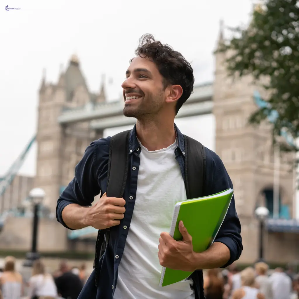 A university student smiling with a notebook in his hand.