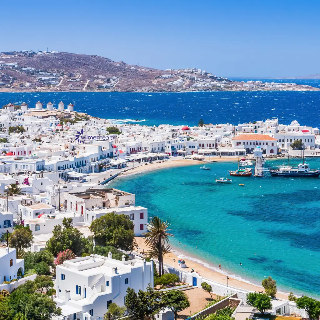 A scenic picture of a coastal city in Greece.