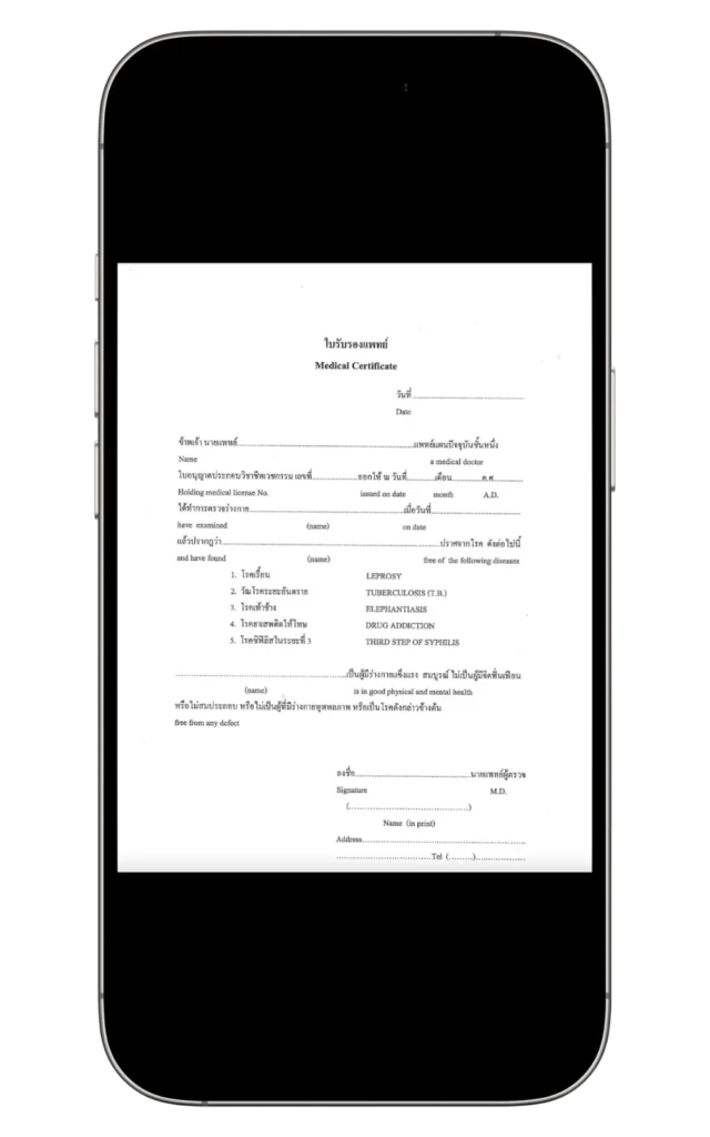 A Thailand visa medical certificate issued by a doctor at Wilmer Health.