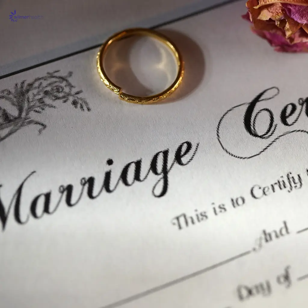 Am image of a marriage certificate, in the context of Wilmer Health's marriage and birth certificate service provided for Spanish visa applicants.