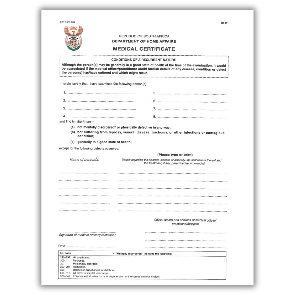 Example South African visa medical certificate template used in the South Africa visa immigration process